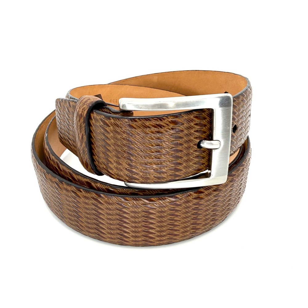 Trafalgar Eastham Mens 44 Brown Italian Calfskin Leather Woven Embossed Belt USA
